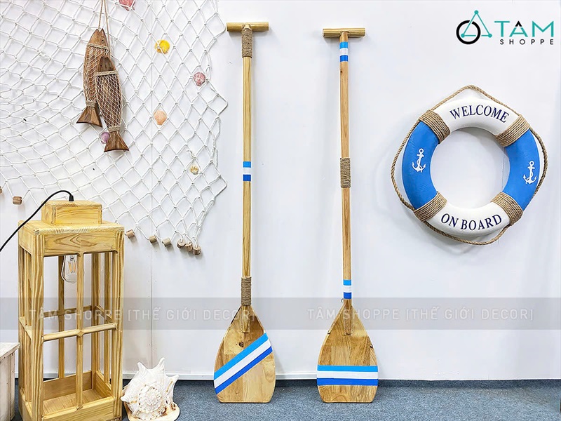 Cây chèo thuyền decor gỗ tự nhiên sọc xanh trắng [Có khoen treo - Dài 125cm] CAYCHEO-02