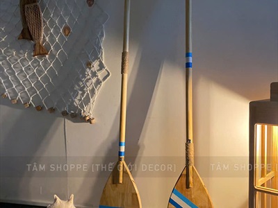 Cây chèo thuyền decor gỗ tự nhiên sọc xanh trắng [Có khoen treo - Dài 125cm] CAYCHEO-02