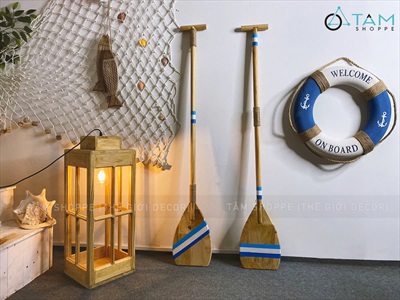 Cây chèo thuyền decor gỗ tự nhiên sọc xanh trắng [Có khoen treo - Dài 125cm] CAYCHEO-02