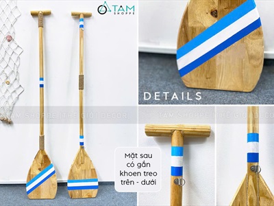 Cây chèo thuyền decor gỗ tự nhiên sọc xanh trắng [Có khoen treo - Dài 125cm] CAYCHEO-02