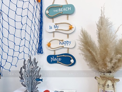 Dây treo 4 dép gỗ The beach chủ đề biển [Thủ công - Dài 53cm] DTR-BIEN-12