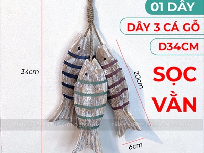Dây treo cá gỗ khắc tay kiểu thô chà tróc [Thủ công - Nhiều kiểu] PKT-BIEN-04