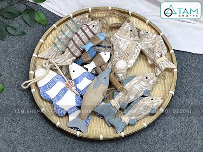 Dây treo cá gỗ khắc tay kiểu thô chà tróc [Thủ công - Nhiều kiểu] PKT-BIEN-04