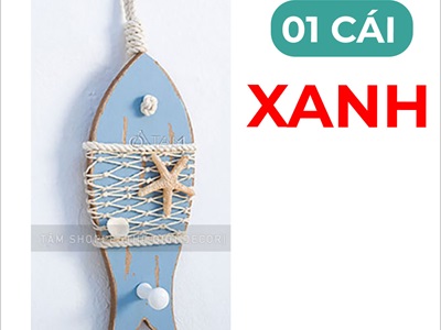 Dây treo cá gỗ lưới ngang có móc treo đồ [Thủ công - Giả cổ] PKT-BIEN-01