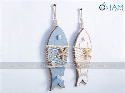 Dây treo cá gỗ lưới ngang có móc treo đồ [Thủ công - Giả cổ] PKT-BIEN-01