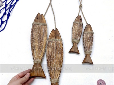 Dây treo cá gỗ quấn lưới xám mốc [Thủ công - tỉ mỉ] PKT-BIEN-02