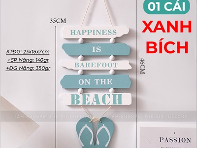 Dây treo đôi dép 5 thẻ gỗ Happiness chủ đề biển [2 màu - Dài 46cm] DTR-BIEN-13