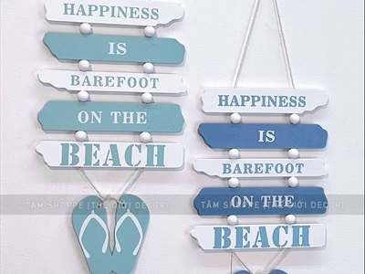 Dây treo đôi dép 5 thẻ gỗ Happiness chủ đề biển [2 màu - Dài 46cm] DTR-BIEN-13