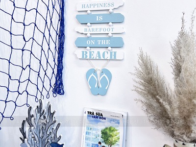 Dây treo đôi dép 5 thẻ gỗ Happiness chủ đề biển [2 màu - Dài 46cm] DTR-BIEN-13