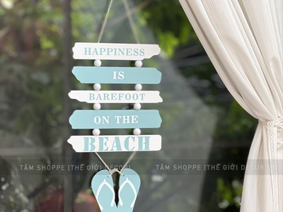 Dây treo đôi dép 5 thẻ gỗ Happiness chủ đề biển [2 màu - Dài 46cm] DTR-BIEN-13