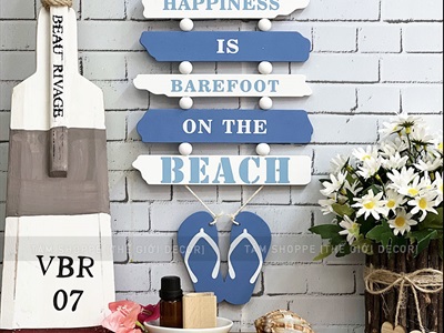 Dây treo đôi dép 5 thẻ gỗ Happiness chủ đề biển [2 màu - Dài 46cm] DTR-BIEN-13