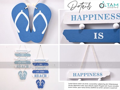 Dây treo đôi dép 5 thẻ gỗ Happiness chủ đề biển [2 màu - Dài 46cm] DTR-BIEN-13