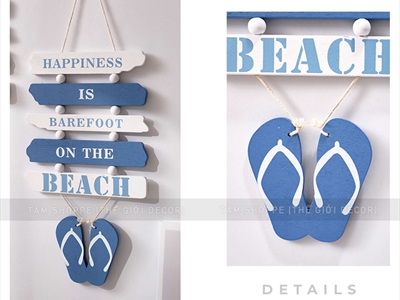 Dây treo đôi dép 5 thẻ gỗ Happiness chủ đề biển [2 màu - Dài 46cm] DTR-BIEN-13