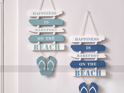 Dây treo đôi dép 5 thẻ gỗ Happiness chủ đề biển [2 màu - Dài 46cm] DTR-BIEN-13