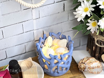 Đế nến san hô kèm đèn led và vỏ sò huyết [Sẵn pin - Led vàng ấm] DENEN-04
