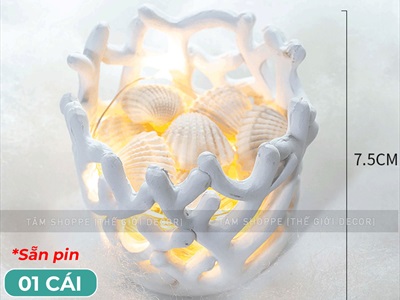 Đế nến san hô kèm đèn led và vỏ sò huyết [Sẵn pin - Led vàng ấm] DENEN-04