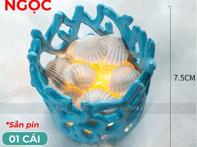 Đế nến san hô kèm đèn led và vỏ sò huyết [Sẵn pin - Led vàng ấm] DENEN-04