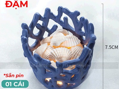 Đế nến san hô kèm đèn led và vỏ sò huyết [Sẵn pin - Led vàng ấm] DENEN-04
