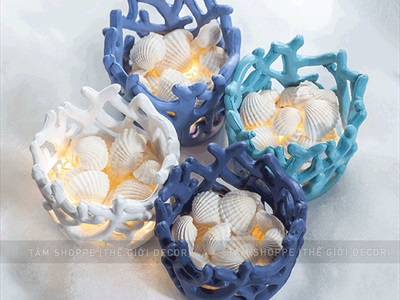 Đế nến san hô kèm đèn led và vỏ sò huyết [Sẵn pin - Led vàng ấm] DENEN-04
