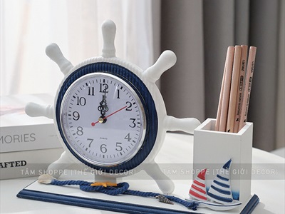 Đồng hồ bánh lái tàu để bàn kèm phụ kiện chủ đề biển [Gỗ - đa năng] DONGHO-03