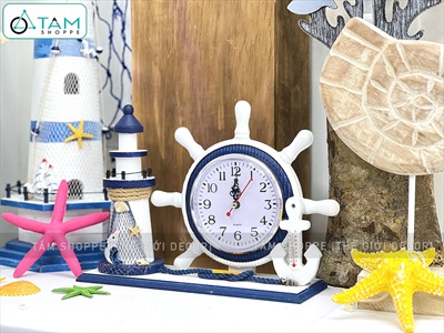 Đồng hồ bánh lái tàu để bàn kèm phụ kiện chủ đề biển [Gỗ - đa năng] DONGHO-03