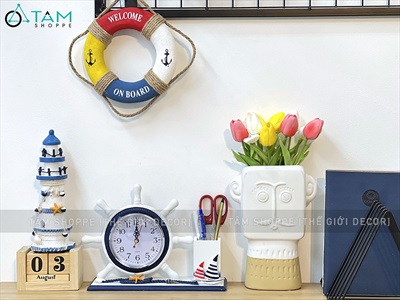Đồng hồ bánh lái tàu để bàn kèm phụ kiện chủ đề biển [Gỗ - đa năng] DONGHO-03