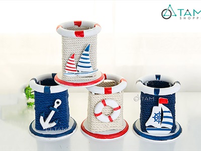 Hộp cắm bút trụ tròn dây cotton chủ đề biển [handmade - cứng cáp] CAMBUT-01