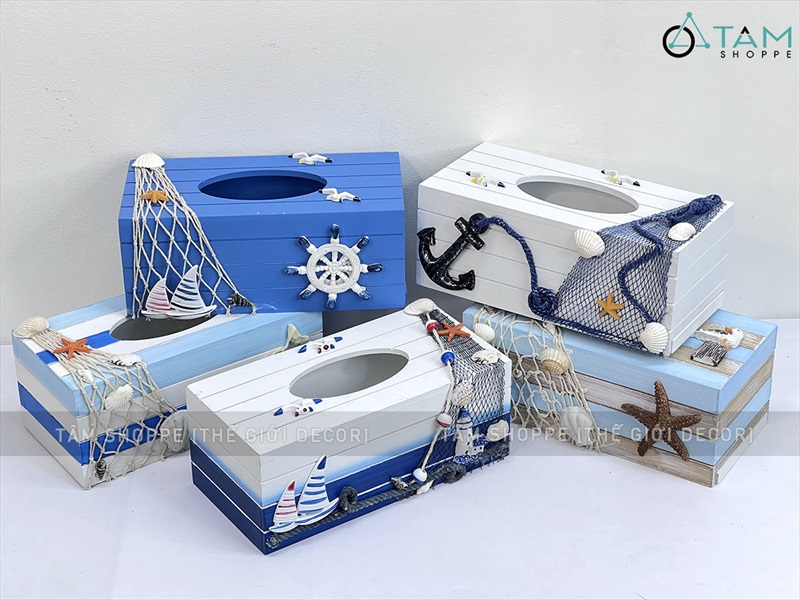 Hộp đựng khăn giấy gỗ sọc chủ đề biển [Handmade - Nhiều kiểu] HOPKHANGIAY-01