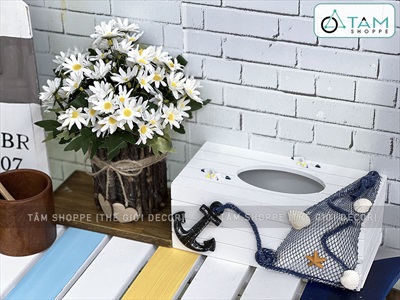 Hộp đựng khăn giấy gỗ sọc chủ đề biển [Handmade - Nhiều kiểu] HOPKHANGIAY-01