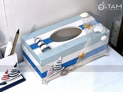 Hộp đựng khăn giấy gỗ sọc chủ đề biển [Handmade - Nhiều kiểu] HOPKHANGIAY-01