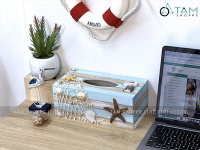 Hộp đựng khăn giấy gỗ sọc chủ đề biển [Handmade - Nhiều kiểu] HOPKHANGIAY-01