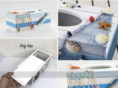 Hộp đựng khăn giấy gỗ sọc chủ đề biển [Handmade - Nhiều kiểu] HOPKHANGIAY-01