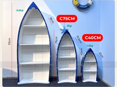 Kệ gỗ decor hình chiếc thuyền chủ đề biển [3 cỡ - ngăn rút] KEBAN-02