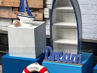 Kệ gỗ decor hình chiếc thuyền chủ đề biển [3 cỡ - ngăn rút] KEBAN-02