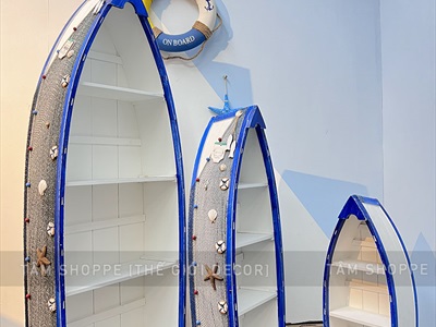Kệ gỗ decor hình chiếc thuyền chủ đề biển [3 cỡ - ngăn rút] KEBAN-02