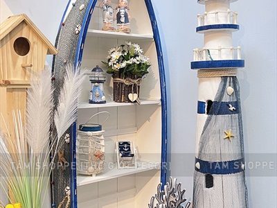 Kệ gỗ decor hình chiếc thuyền chủ đề biển [3 cỡ - ngăn rút] KEBAN-02