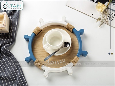 Khay gỗ hình bánh lái tàu chủ đề biển [Có khoen treo tường - 2 cỡ] KHAY-GO-03