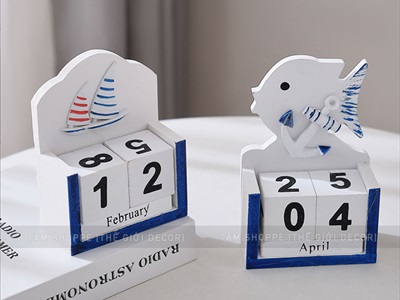 Lịch gỗ để bàn phong cách biển màu trắng xanh [Vạn niên - Đủ ngày tháng] LICH-02