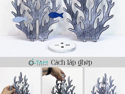Mô hình san hô gỗ 3D cá bơi trắng xanh [Lắp ráp - Giả cổ] SANHO-01