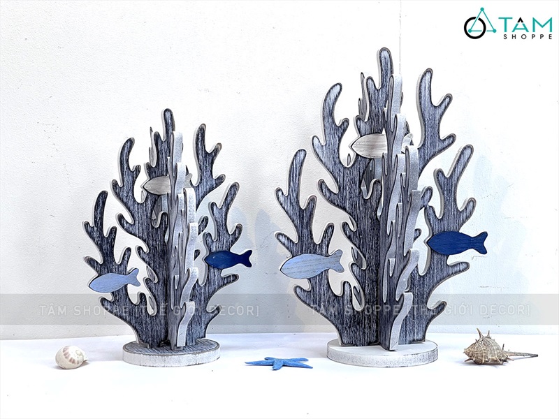 Mô hình san hô gỗ 3D cá bơi trắng xanh [Lắp ráp - Giả cổ] SANHO-01
