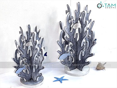 Mô hình san hô gỗ 3D cá bơi trắng xanh [Lắp ráp - Giả cổ] SANHO-01