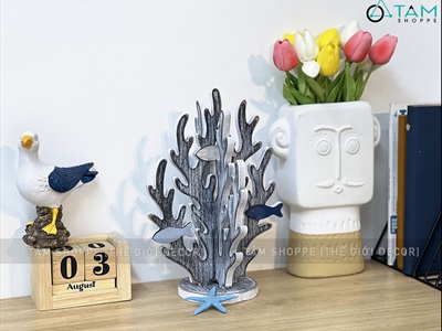 Mô hình san hô gỗ 3D cá bơi trắng xanh [Lắp ráp - Giả cổ] SANHO-01