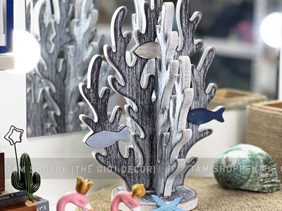 Mô hình san hô gỗ 3D cá bơi trắng xanh [Lắp ráp - Giả cổ] SANHO-01
