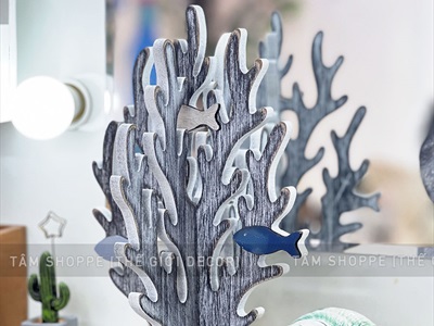 Mô hình san hô gỗ 3D cá bơi trắng xanh [Lắp ráp - Giả cổ] SANHO-01