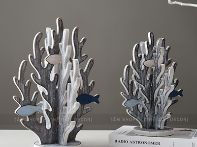 Mô hình san hô gỗ 3D cá bơi trắng xanh [Lắp ráp - Giả cổ] SANHO-01