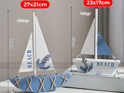 Mô hình thuyền buồm gỗ xanh trắng đơn giản chữ BEACH [Thủ công - 2 kiểu] THUYEN-03