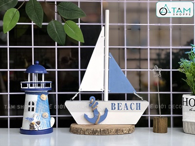 Mô hình thuyền buồm gỗ xanh trắng đơn giản chữ BEACH [Thủ công - 2 kiểu] THUYEN-03