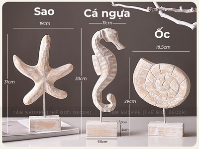 Standee tượng gỗ mốc trắng 3 kiểu chủ đề biển [Thủ công - Cao 29-33cm] MHDB-BIEN-01
