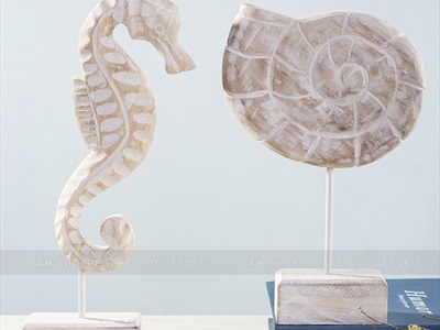 Standee tượng gỗ mốc trắng 3 kiểu chủ đề biển [Thủ công - Cao 29-33cm] MHDB-BIEN-01
