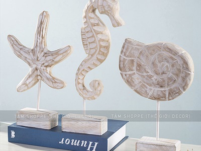 Standee tượng gỗ mốc trắng 3 kiểu chủ đề biển [Thủ công - Cao 29-33cm] MHDB-BIEN-01